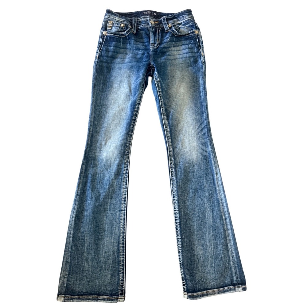 Vintage Y2K Miss Me Bootcut Jeans Blue Medium Wash Sequin Jewel Pockets Womens